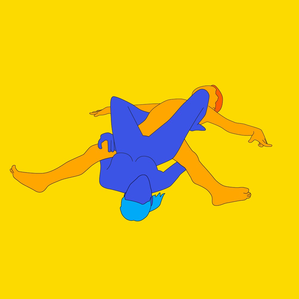 A naked illustrated couple lying down on the floor in the Starfish sex position.